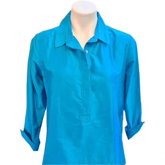 Sara Campbell Turquoise Silk Top Textured Scalloped Hem 1/4 Button Sz M Blouse - Picture 2 of 11